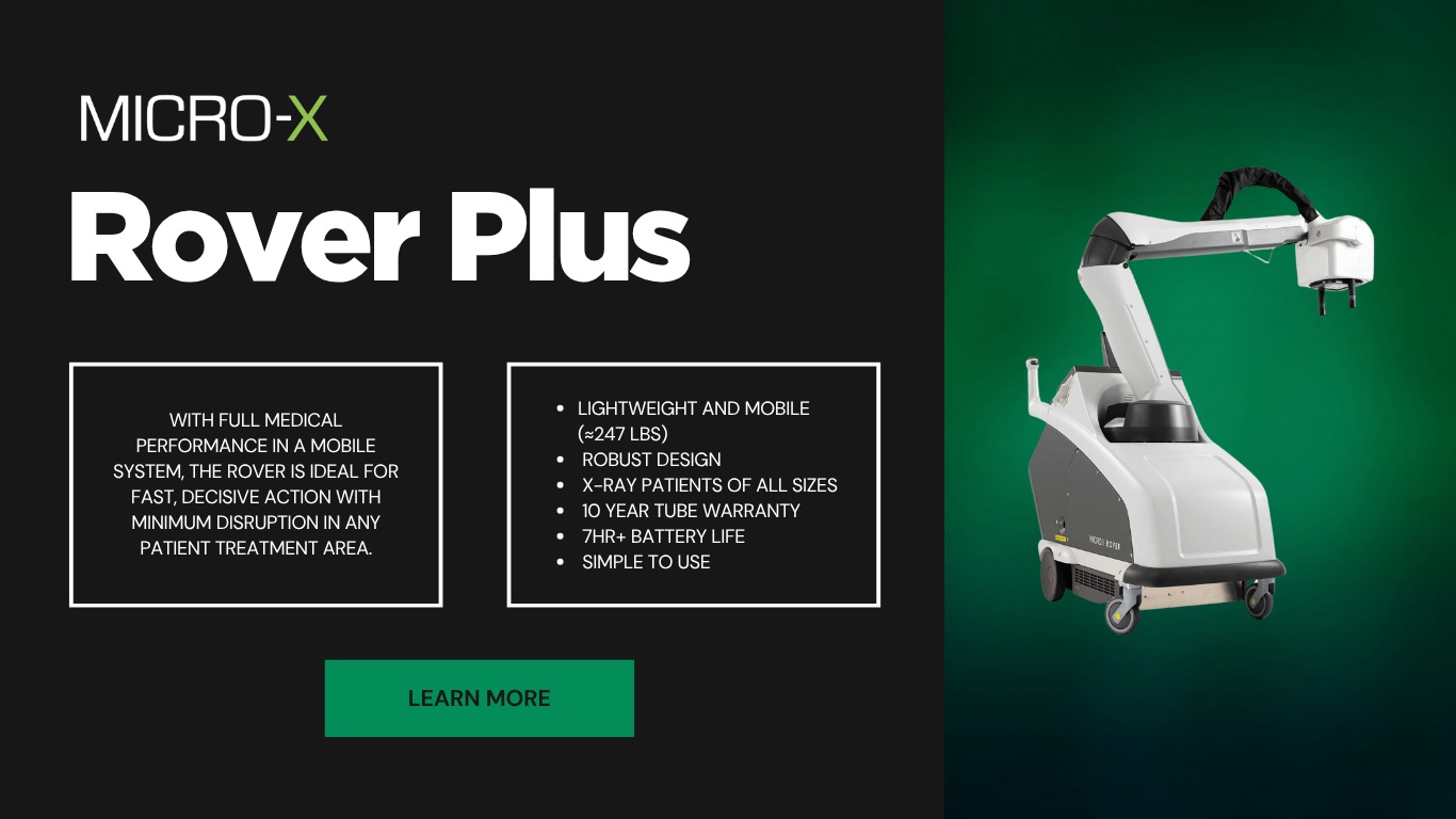 Micro-X Rover Plus — a lightweight, mobile X-ray system with full medical performance, 10 year tube warranty and 7hr+ battery life.